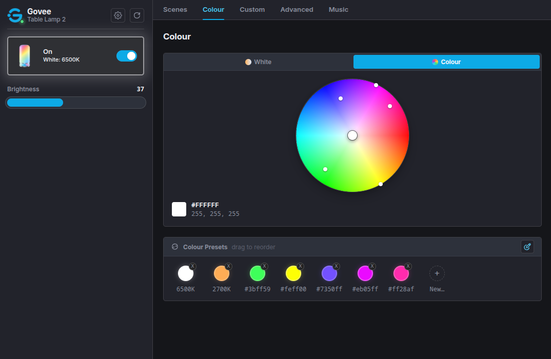 Colour tab showing a colour wheel with preset swatches and brightness slider