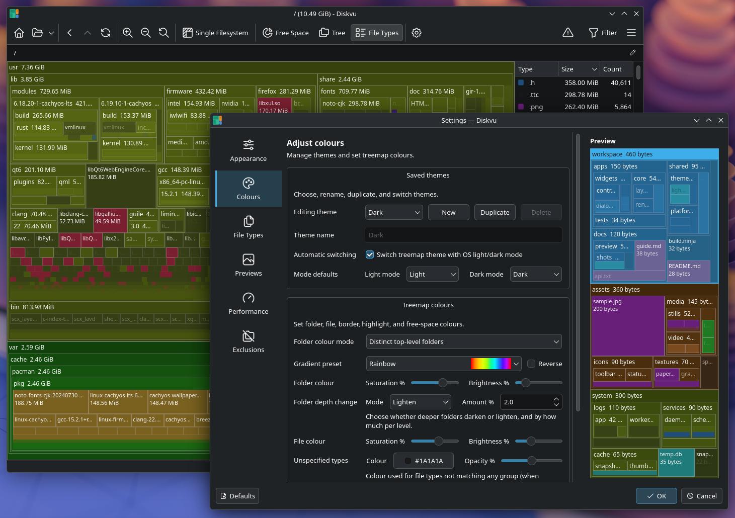 Diskvu settings dialog in dark mode, showing treemap colour theme options with a live preview panel