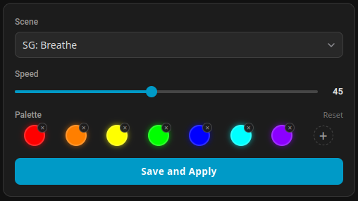 Scene editor showing a Breathe scene with speed slider and colour palette