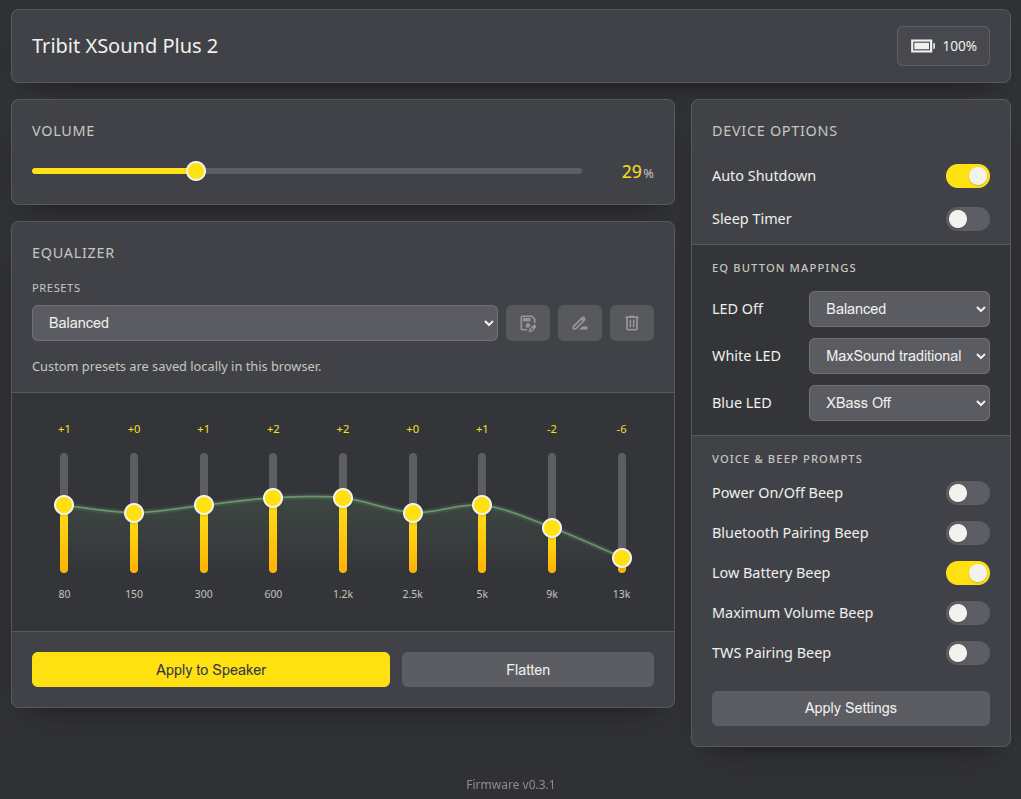 Tribit Web Control browser UI showing volume slider, 9-band EQ, and sleep timer controls